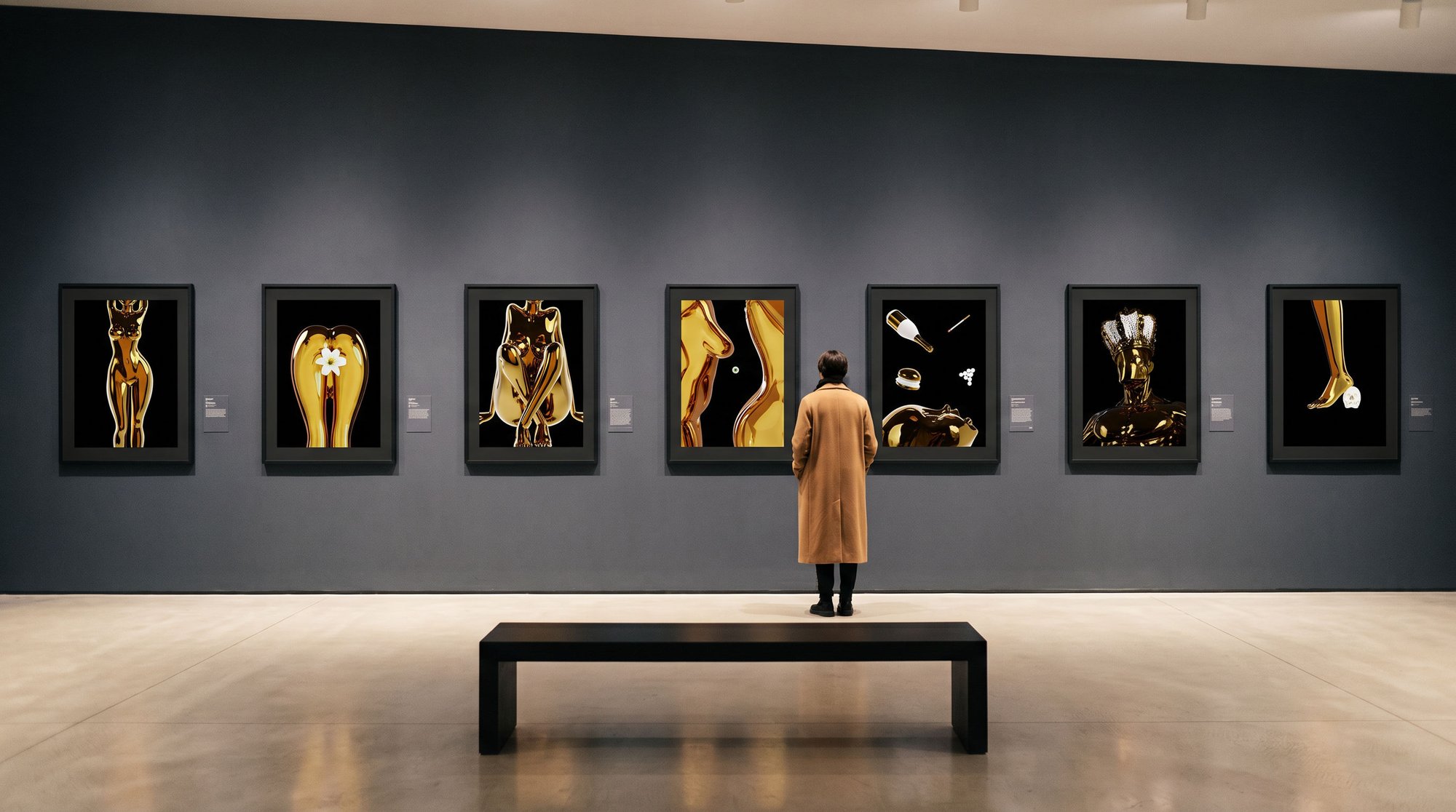 The seven framed prints hanging in a row in a museum hall, a visitor looking on