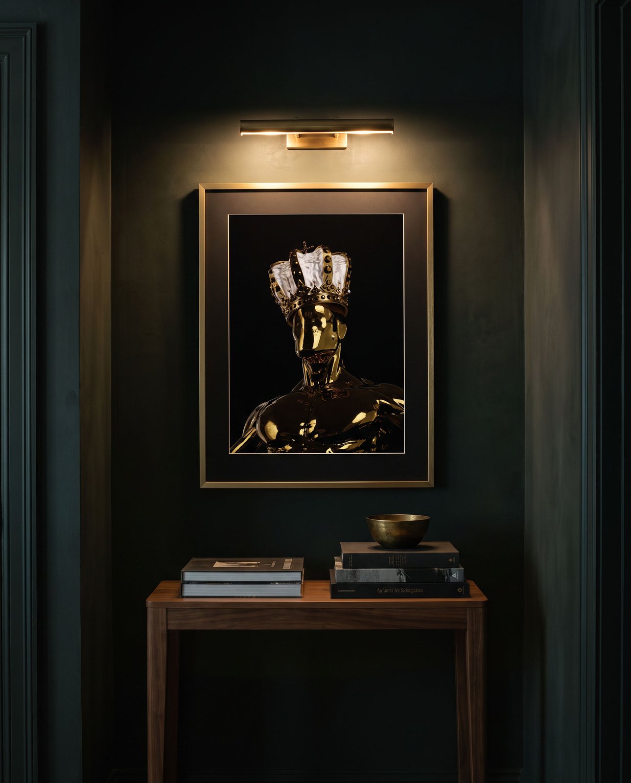 Pride hanging alone above a walnut console in a dark hallway under a picture light