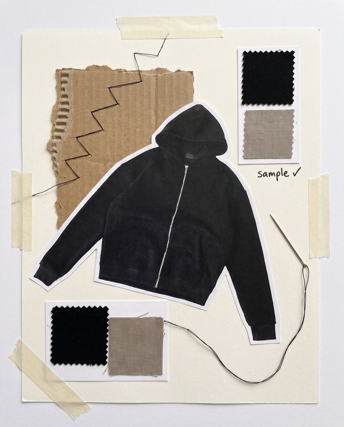 Kraft-paper collage: zip hoodie with fabric swatches and a 'sample ✓' note