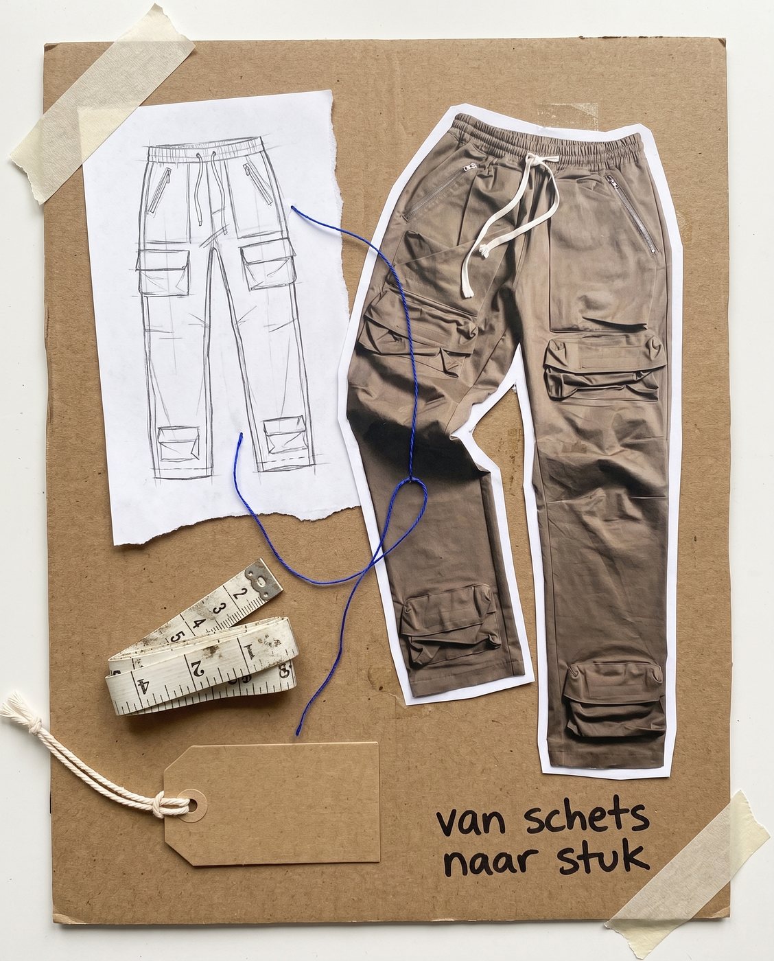 Kraft-paper collage: cargo pants next to their technical sketch — 'van schets naar stuk'