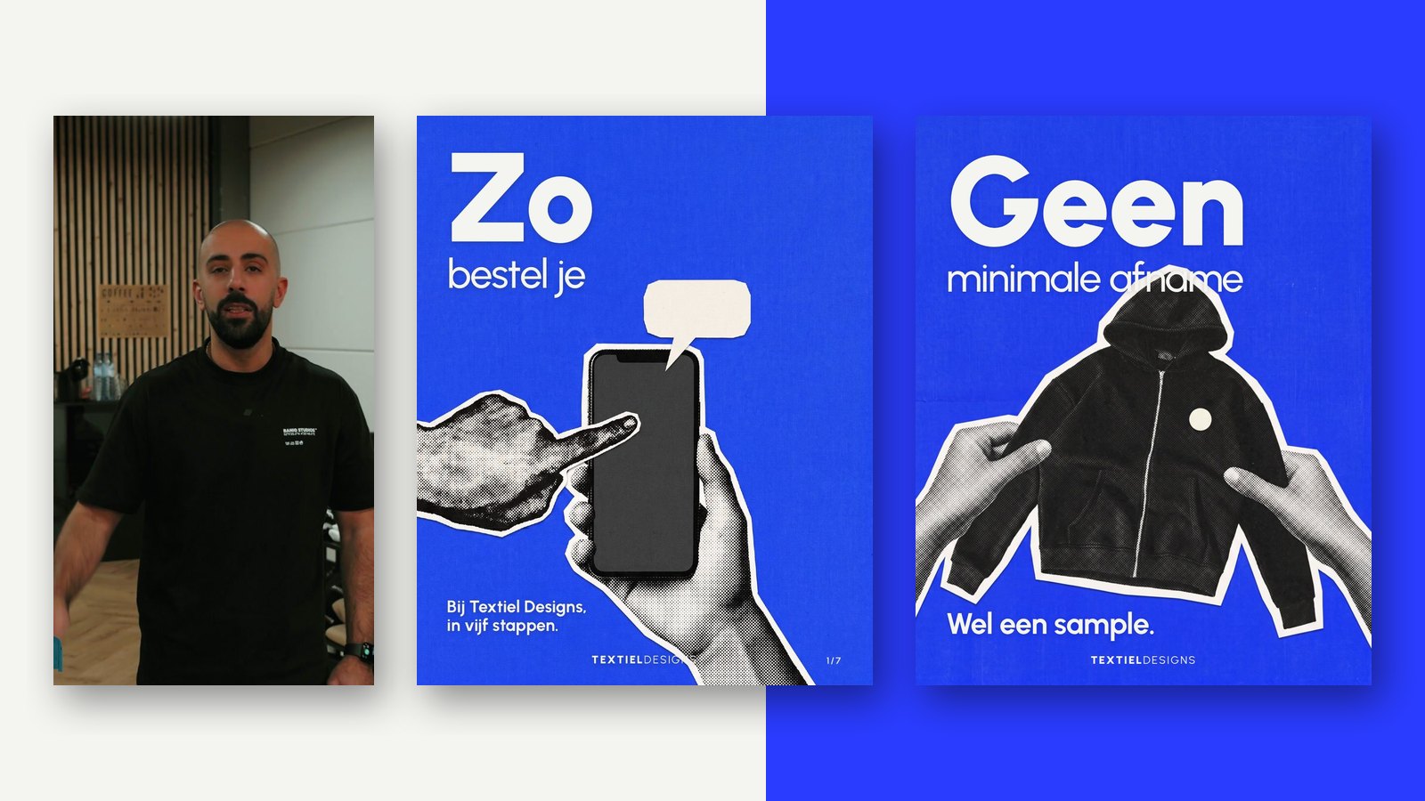 A Textiel Designs TikTok still beside two cobalt-blue Instagram carousel slides: 'Zo bestel je' and 'Geen minimale afname'