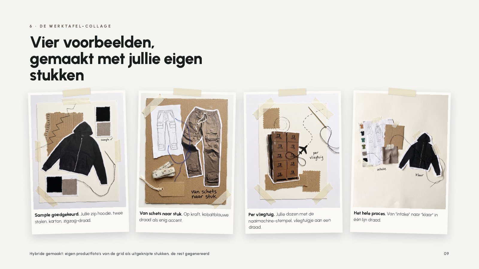 Brand guide page: four examples made from the brand's own pieces