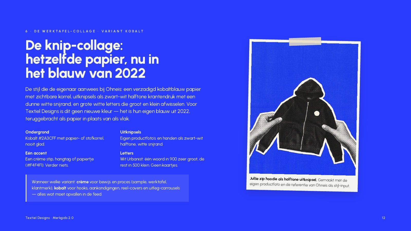 Brand guide page: the cut-paper collage in cobalt blue