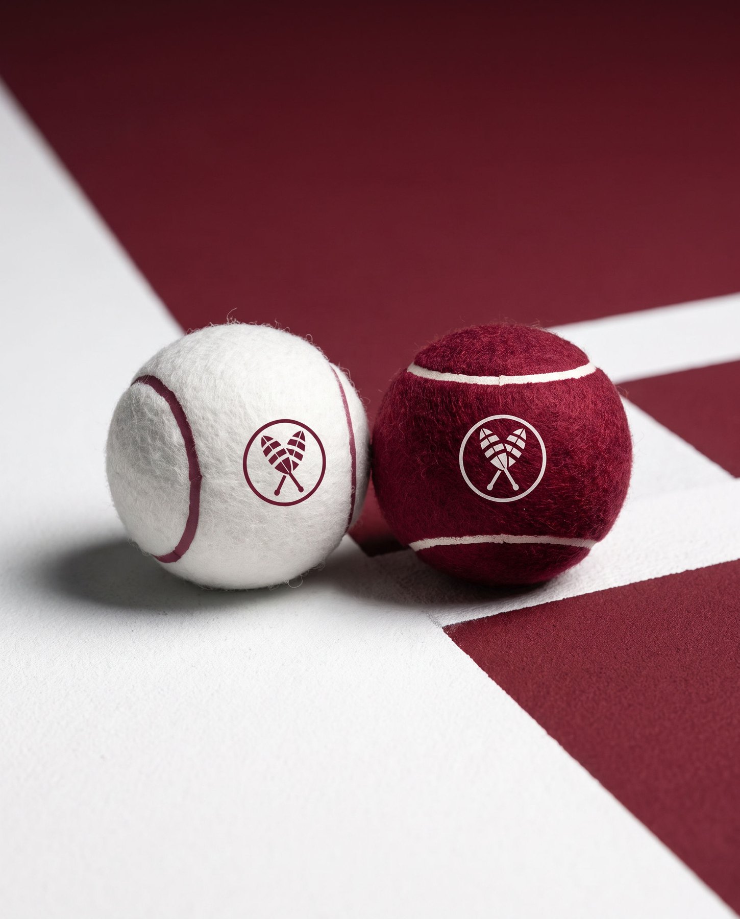TAKA NO MI Shiro white and Enji bordeaux padel balls carrying the crossed-racket crest