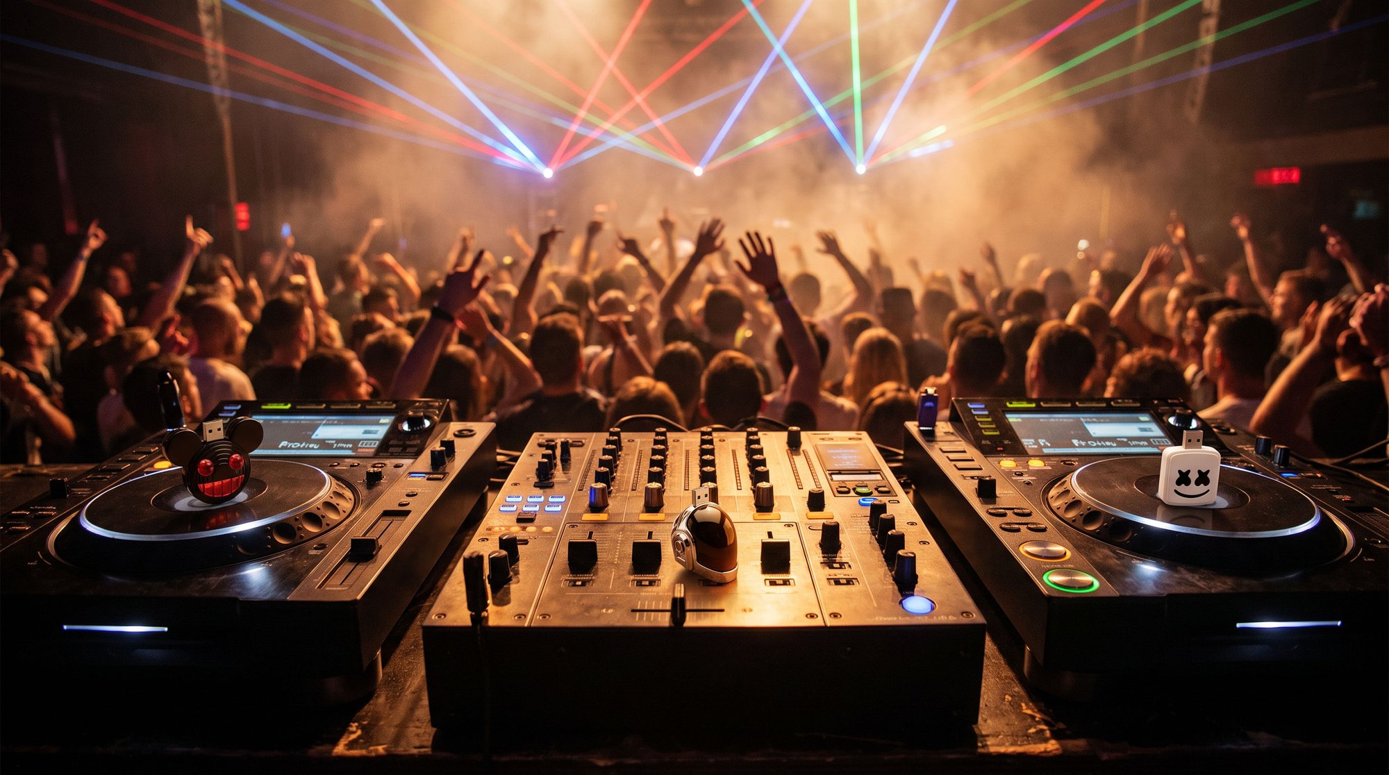 View from behind a club DJ booth over two media players and a mixer: the mouse-head, robot-helmet and marshmallow USB sticks on the decks, a crowd with raised hands and lasers beyond
