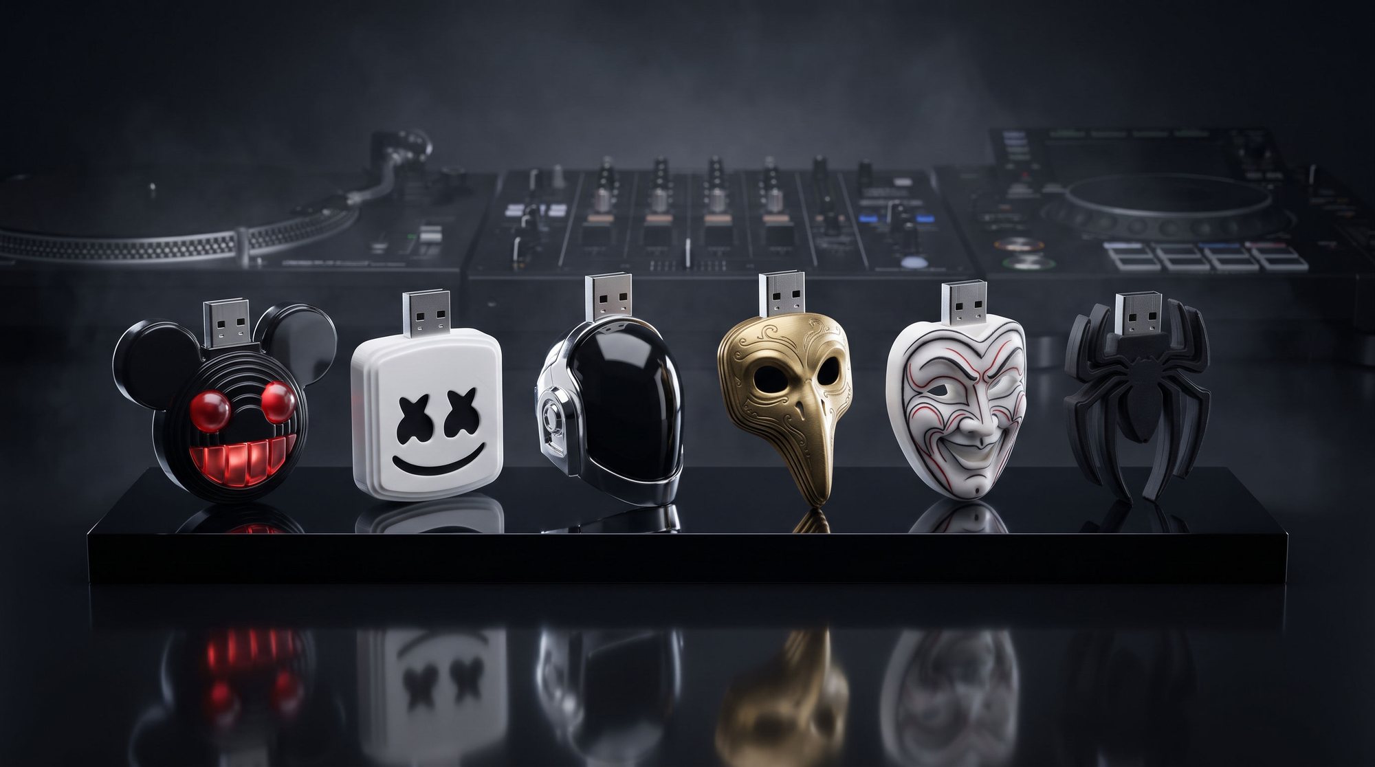 Six custom USB sticks standing on a black acrylic plinth: black mouse head with red eyes, white marshmallow face, chrome robot helmet, gold beak mask, white joker mask and black spider