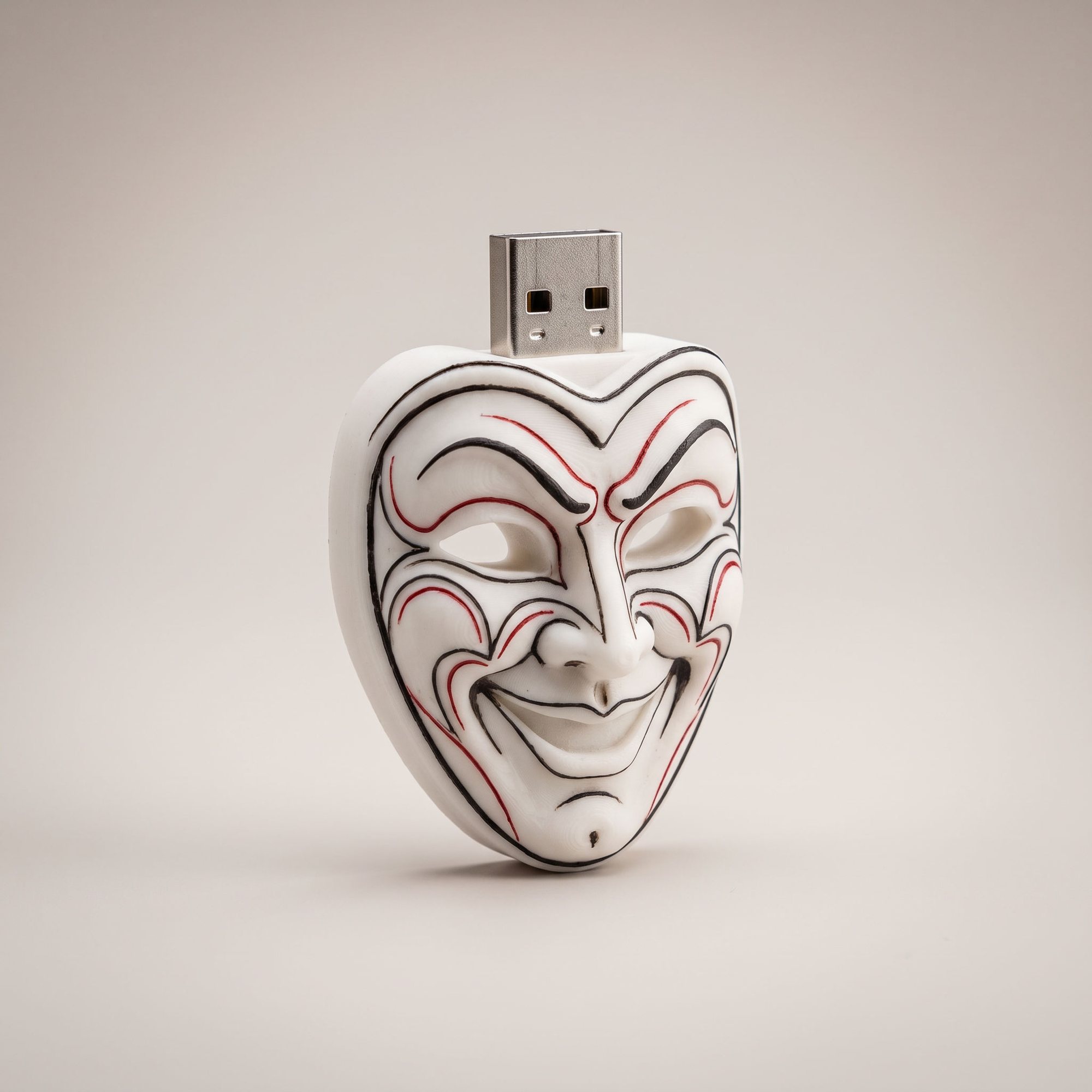 White grinning carnival-mask USB stick with red and black lines