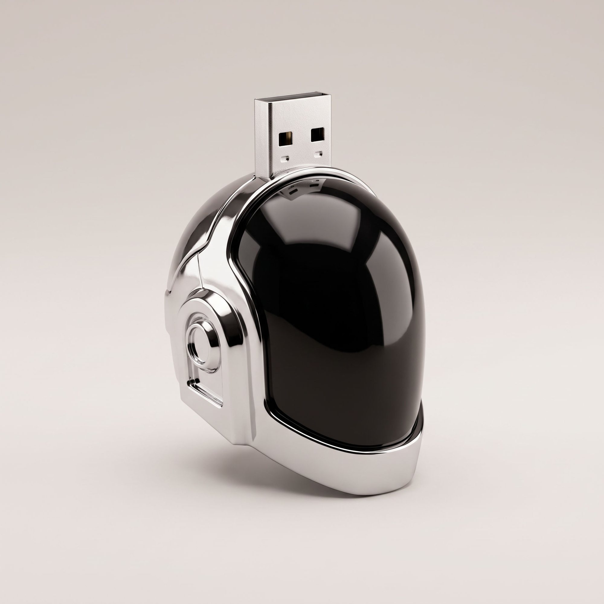 Chrome robot-helmet USB stick with a black visor