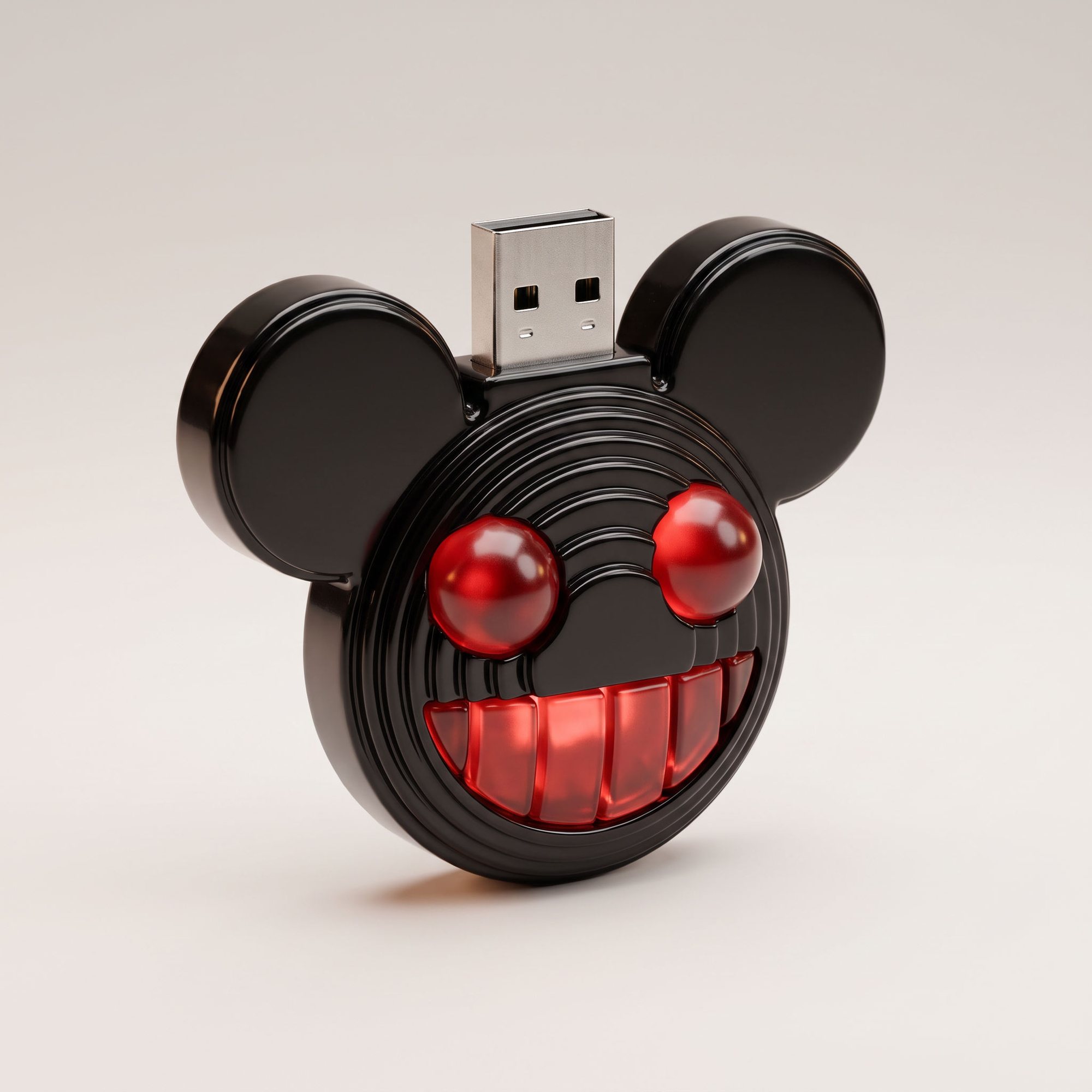 USB stick shaped like a black mouse head with glowing red eyes and a toothy grin