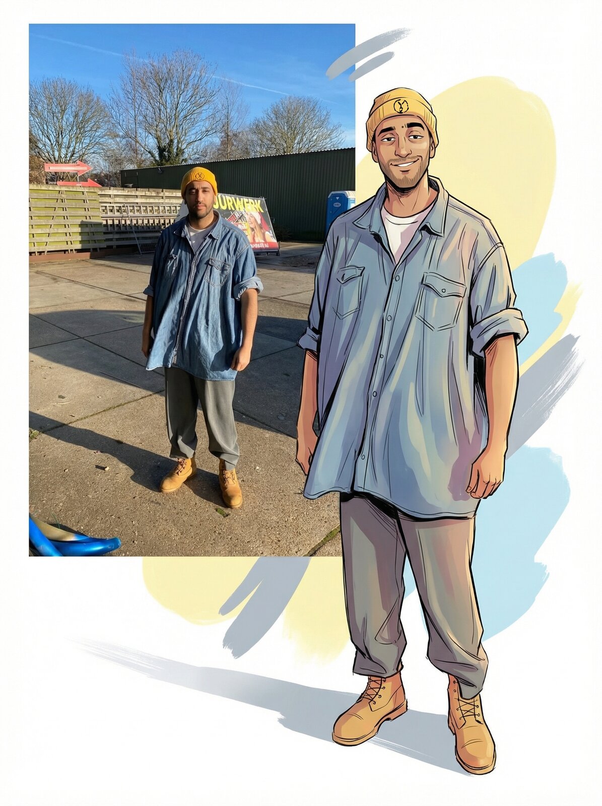 YASSA photographed in workwear beside his illustrated self-portrait