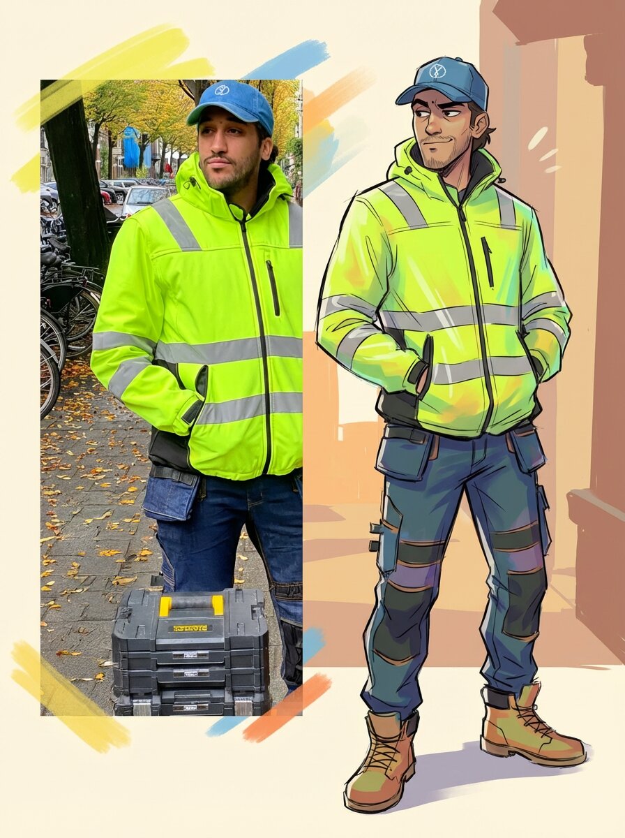 YASSA photographed in a hi-vis jacket beside his illustrated self-portrait
