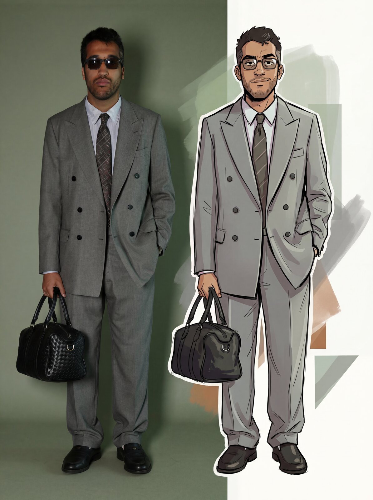 YASSA photographed in tailoring beside his illustrated self-portrait