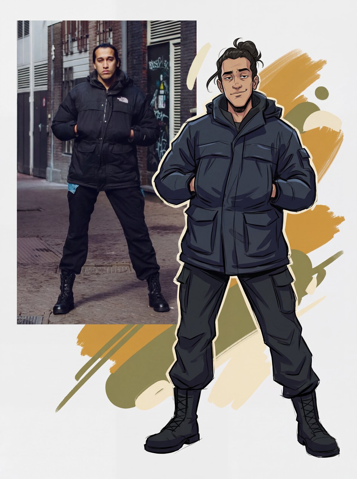YASSA photographed in a puffer jacket beside his illustrated self-portrait